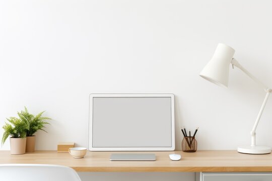 Modern minimalist desk with computer screen, lamp, and plants. Sleek Home Office Setup with Mockup Computer
