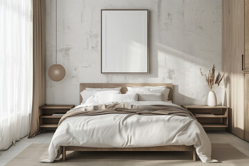 Fototapeta na wymiar clean neutral tone bedroom with empty picture frame above white bed, with light through window