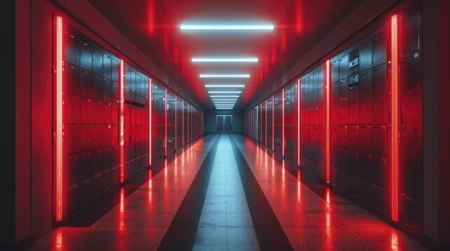 Perspective Shot Down A Long School Hallway, The Repetition Of Lockers And Fluorescent Lights Creating A Path Towards Knowledge.