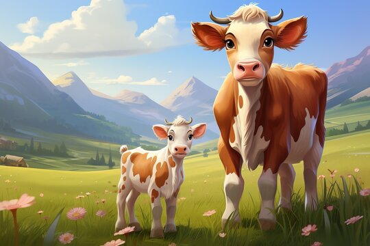 3d cartoon cute cow mother with calf on a pasture among the mountains