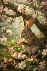 Fototapeta na wymiar In a magical springtime scene, a whimsical bunny delicately holds a decorated Easter egg surrounded by a blooming orchard and a nest of colorful eggs.