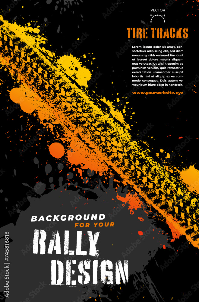Poster scratchy grungy black background with tire track and copy space for your rally design - poster templ