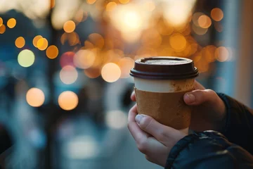 Foto op Plexiglas closeup of hands holding a paper cup of hot drink takeaway coffee or tea on cold evening city street blurred bokeh background © Маргарита Вайс