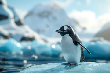 Fototapeta premium Adorable penguin standing on ice glacial background