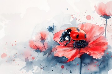 watercolor illustration of ladybug sits on a red flower white background - obrazy, fototapety, plakaty