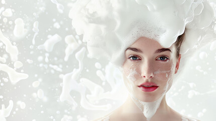 Beautiful woman with a dollop of shampoo foam on her head