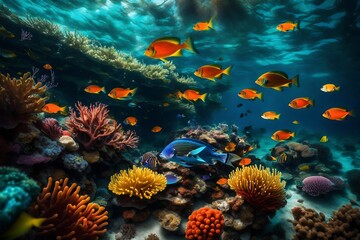 Naklejka na ściany i meble Underwater scene with colorful tropical fish and coral reef. Underwater world.