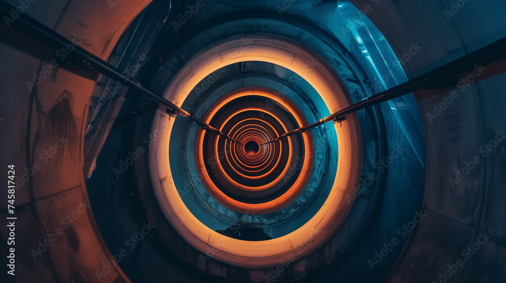 Poster light tunnel abstract background, high speed circle light trails motion effect, futuristic cyber tec