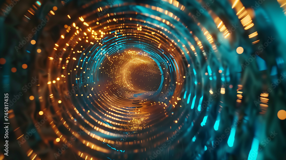 Poster light tunnel abstract background, high speed circle light trails motion effect, futuristic cyber tec