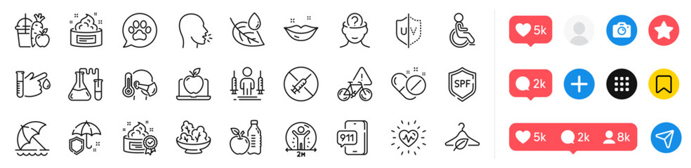 Skin cream, Leaf dew and Pets care line icons pack. For web app. Social media icons. Vector