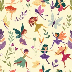 Colorful Fairies and Insects Seamless Pattern  © Rumpa