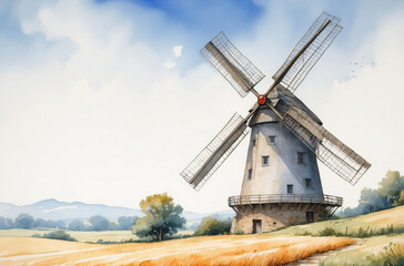 windmill and field watercolor background