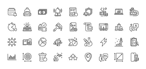 Hourglass timer, Backpack and Report line icons pack. For web app. Line icons. Vector