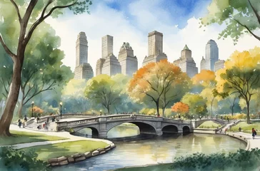 Fotobehang Aquarelschilderij wolkenkrabber New York  city Central park in 1930s watercolor background