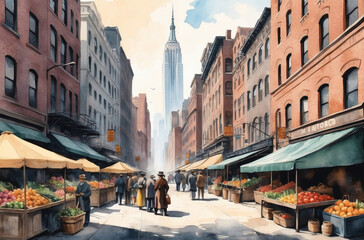 New York  city market in 1930s watercolor background - obrazy, fototapety, plakaty