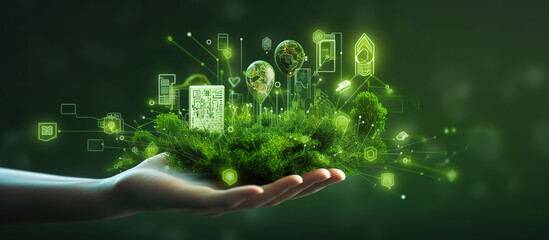 Hand holding with environment icons over the network connection on green background. Tech integration concept. - Powered by Adobe