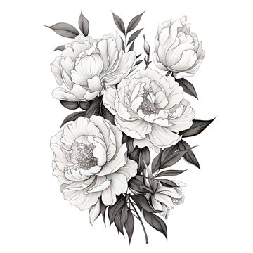 floral illustration tattoo design decorative peonies flowers on white background