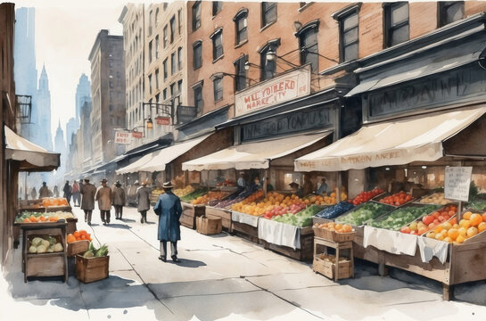 New York  city market in 1930s watercolor background