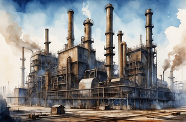 Fototapeta na wymiar 1930s steel factory watercolor background