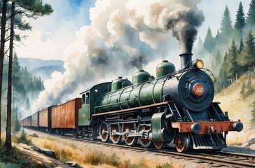 steam locomotive watercolor background - obrazy, fototapety, plakaty