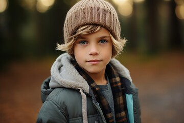 Outdoor portrait of a cute little boy in warm clothes and hat