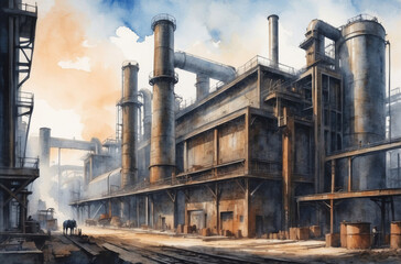 Fototapeta na wymiar 1930s steel factory watercolor background