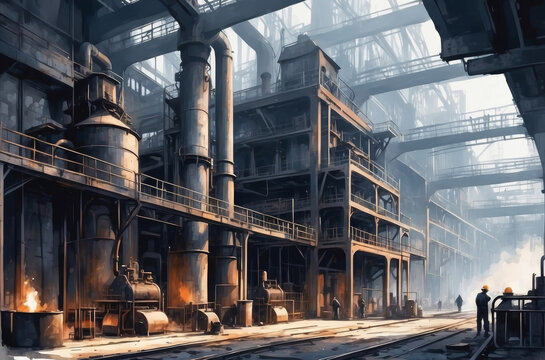 1930s steel factory watercolor background