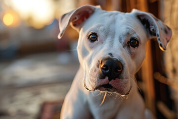 portrait of a white pitbull dog at sunset