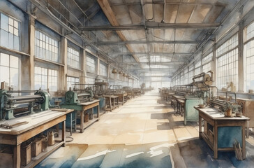 old factory watercolor art background, 1930s, 