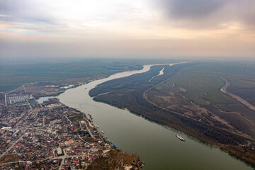 Danube Tranquility: Aerial View near Romanian Cityscape
