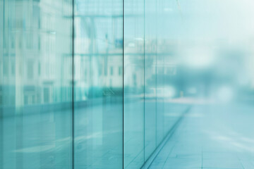 minimalist shot featuring the abstract patterns and reflections on the glass wall of a modern business office building, with a soft blue hue enveloping the scene and blurring the s