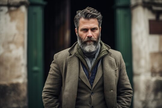 Portrait of a handsome bearded man with gray hair and beard in a green coat and jacket on a city street.