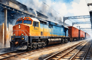 Fototapeta na wymiar freight train in the factory district watercolor art