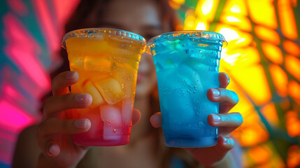 Woman Holding Two Drinks with cocktails in Front of Her Face