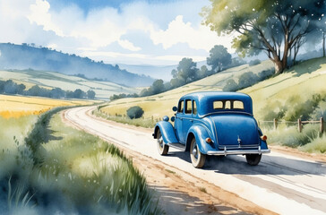 1930s old car on the road watercolor