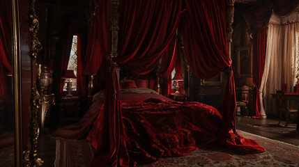 A bedroom with a canopy bed, draped in rich, velvet curtains, exuding opulence and grandeur.