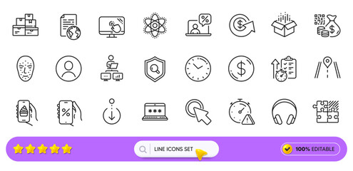 Qr code, Work home and Scroll down line icons for web app. Pictogram icon. Line icons. Vector