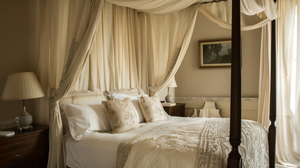 A bedroom with a canopy bed, elegant drapes hanging down, giving a sense of luxury and style.