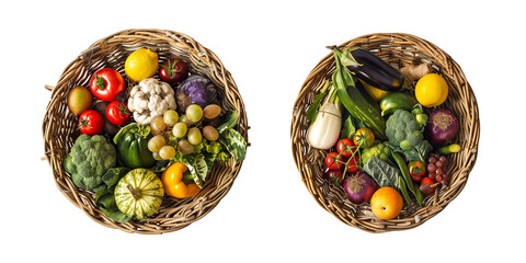  set of Assorted organic vegetables and fruits in wicker basket isolated on transparent background © PixeloAI