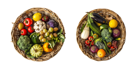  set of Assorted organic vegetables and fruits in wicker basket isolated on transparent background