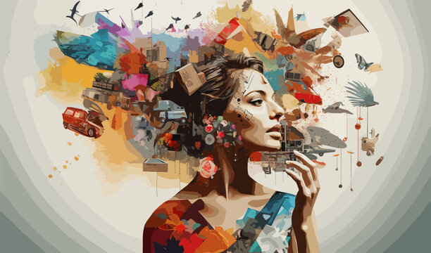 Artistic collage of the thought process and generating new creative ideas that are contemporary and abstract.