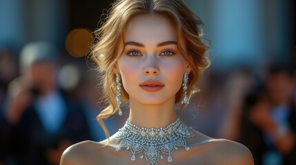Red Carpet Debut. A Hollywood starlet graces the red carpet adorned in a breathtaking diamond ensemble, including a statement necklace, dazzling earrings, and an exquisite diamond-studded bracelet. - obrazy, fototapety, plakaty
