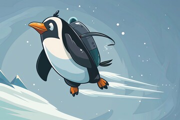 Animated penguin, equipped with a gray backpack, is depicted joyfully gliding down a snow-covered slope. Generative AI