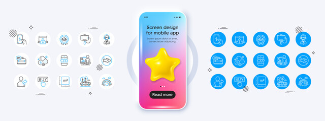 Teacher, Selfie stick and Pickup line icons. For web app, printing. Phone mockup with 3d star icon. Vector