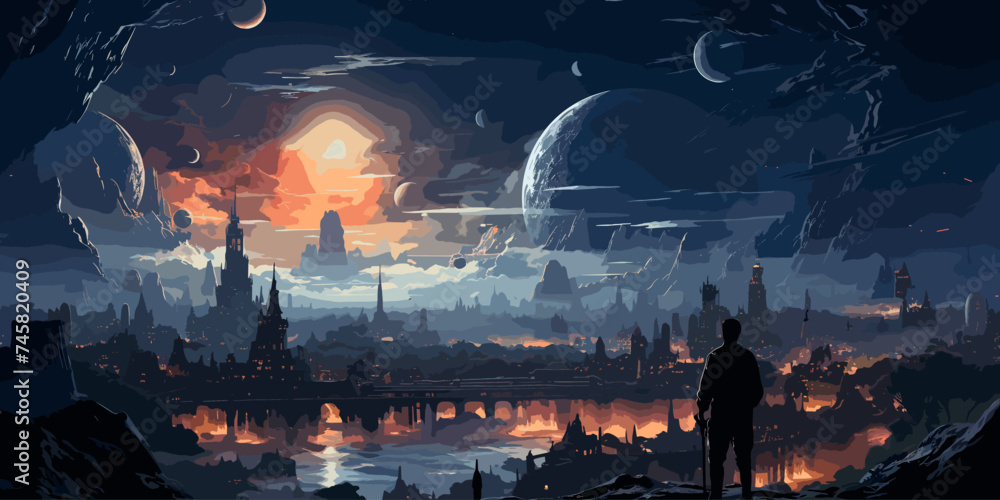 Poster astronaut explores planetary space and looking at strange building floating in the sky, digital art 
