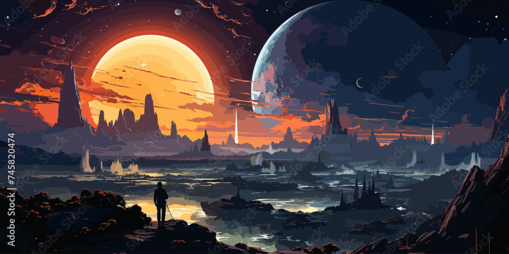 Aufkleber astronaut explores planetary space and looking at strange building floating in the sky, digital art 