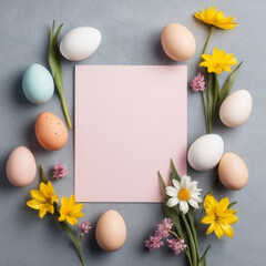 Naklejka na ściany i meble photo of a easter card with eggs and flowers 