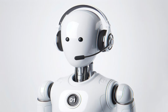 white robot in headphones with a microphone call center worker isolated on solid white background. ai generative