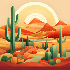 a desert scene with cacti and mountains