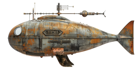 submarine in the shape of a fish, isolated on transparent background
